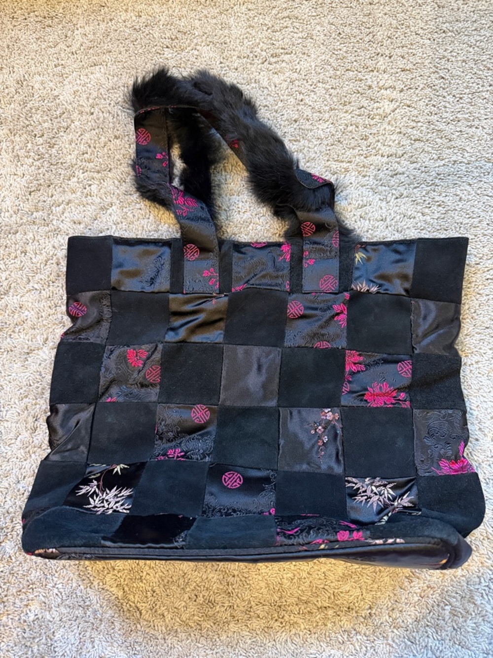 Shanghai Tang Black Patchwork Tote with Pink Floral Accents